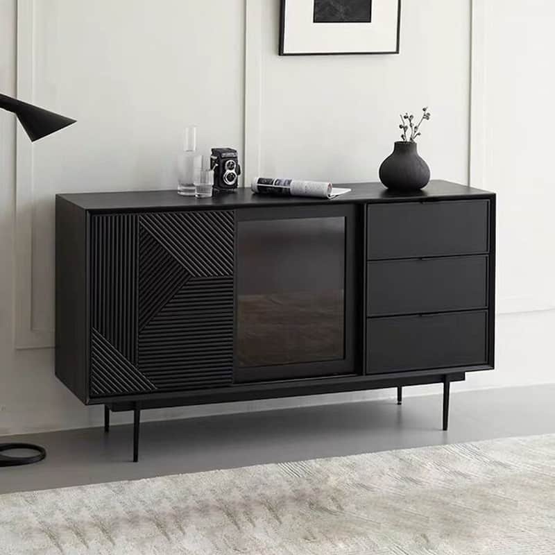 59.06" Mid Century Modern Black Sideboard Buffet with Tempered Glass,Geometric Pattern Design, Metal Legs, Assemble Needed