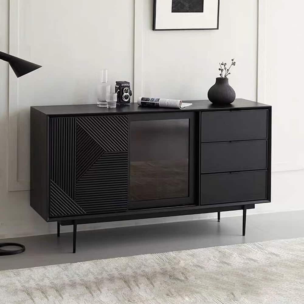 59.06" Mid Century Modern Black Sideboard Buffet with Tempered Glass,Geometric Pattern Design, Metal Legs, Assemble Needed