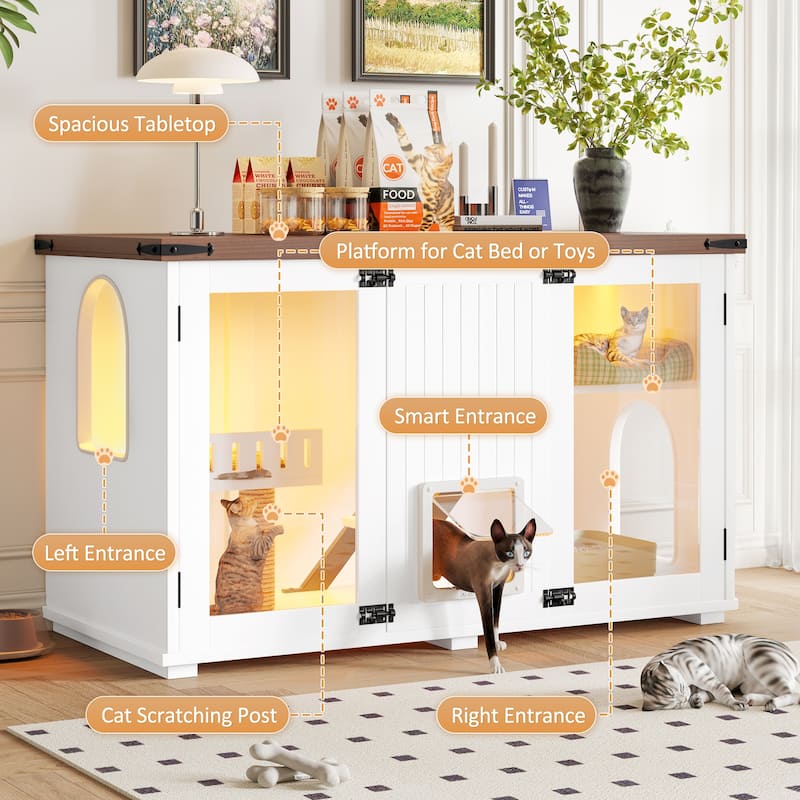 Anmytek Large Cat Litter Box Enclosure Furniture Hidden Cat House With LED Light Stairs Scratching Post Smart Doors