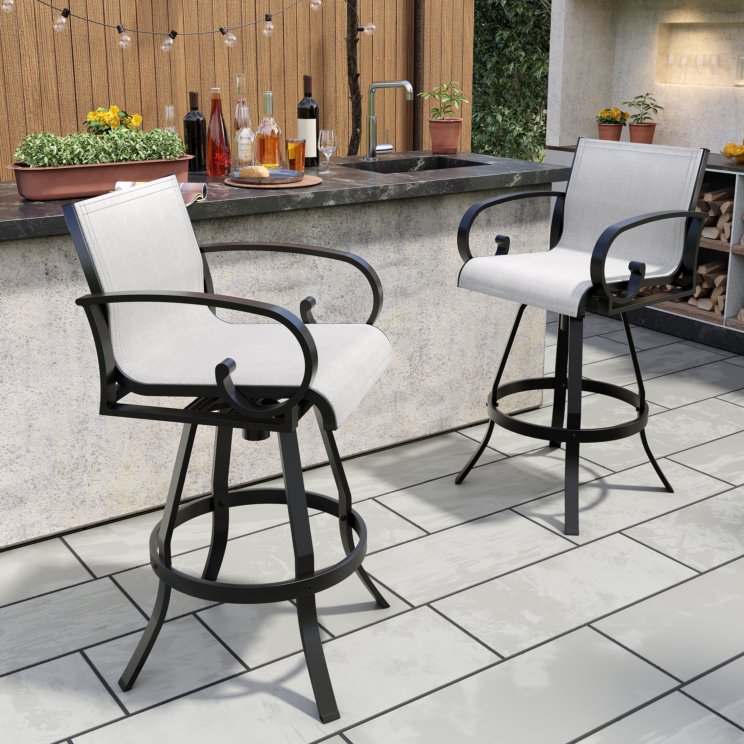Outdoor Aluminum Swivel Barstool Set of 2 Sunbrella Textilene