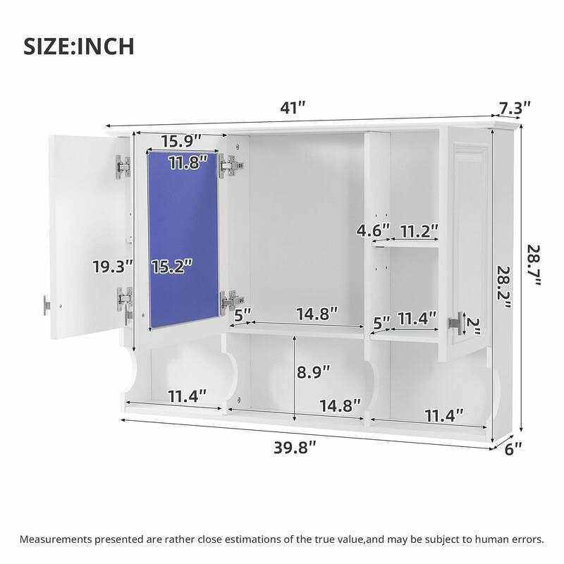 41-Inch Mirror Medicine Cabinet with Open Shelves, Wall-Mounted Storage with Doors & Mirror