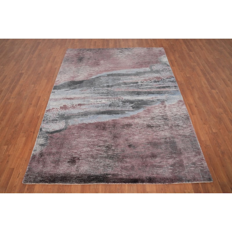 Hand Knotted Oriental Viscose Silk Carpet Modern Pictorial Multi-Colored Abstract Area Rug - 7' 9'' X 5' 8''