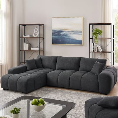 Sena L Sectional Sofa, 3 Accent Pillows, Gray Linen Fabric, 121 Inch