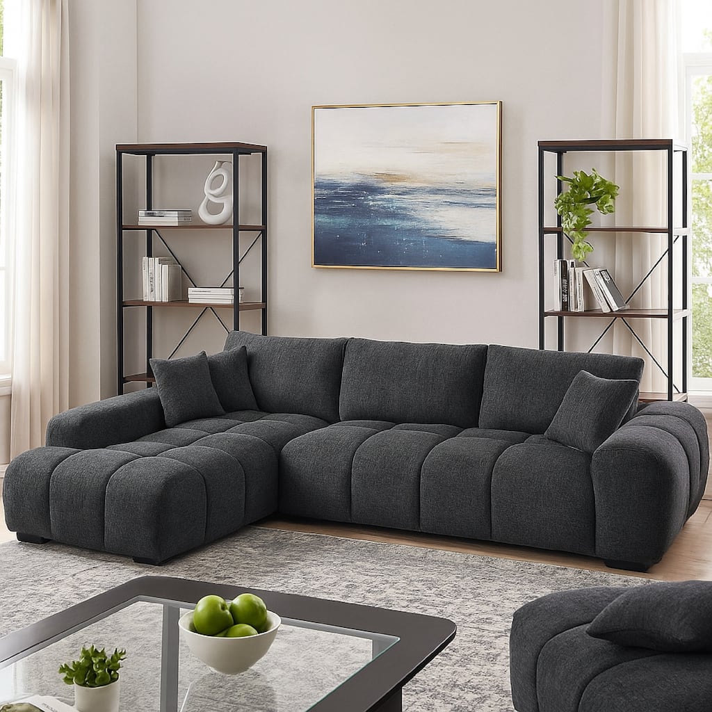 Sena L Sectional Sofa, 3 Accent Pillows, Gray Linen Fabric, 121 Inch