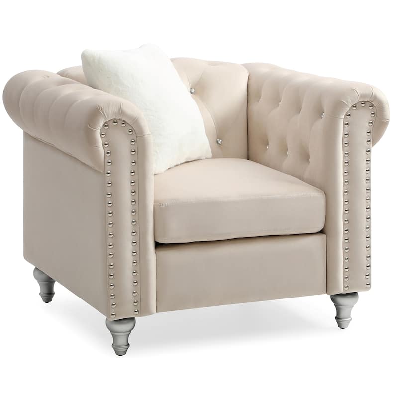 Jeweled Tufted Accent Chair with Square Throw Pillow - 38" - Beige