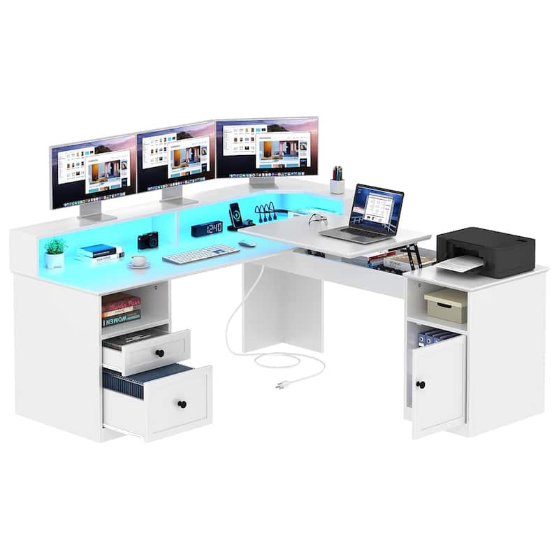 Moasis 59" L Shaped Desk Corner LED Computer Gaming Desk with File Cabinet and Lift Table Top - White