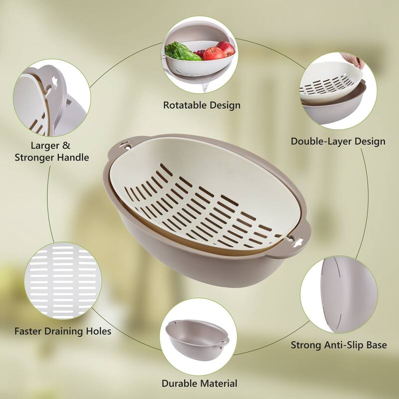 Javlergo Double Layer Oval Colander with Rotatable Design BPA Free PP Material Dishwasher Safe for Indoor Outdoor Use Barbecue