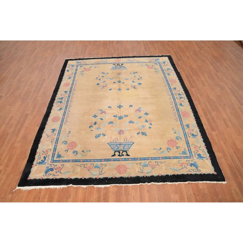 Hand Knotted Oriental 100% Wool Carpet Traditional Floral Oranges & Rust Art Deco Area Rug - 9' 9'' X 7' 11''