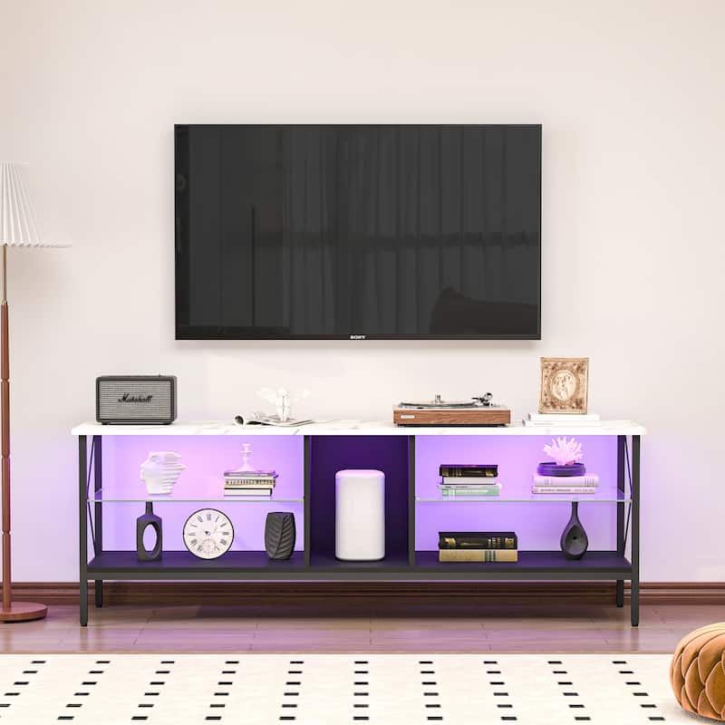Modern TV stand,Iron TV cabinet Black/White with LED Lights, Remote Control,Toughened Glass Stand