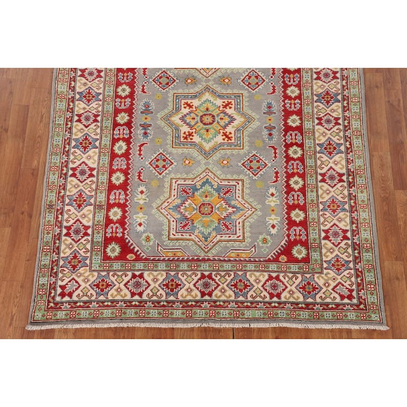 Gray Geometric Kazak Rug Hand-Knotted Oriental Wool Carpet - 5'1" x 6'9"