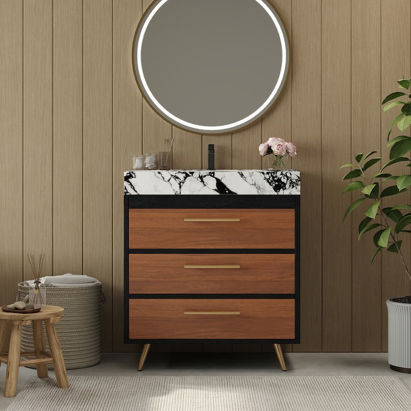 GDFStudio - Athens Modern 29.9" Freestanding Bathroom Vanity with Sintered Stone Top, Ceramic Vessel Sink & Stainless Steel Legs