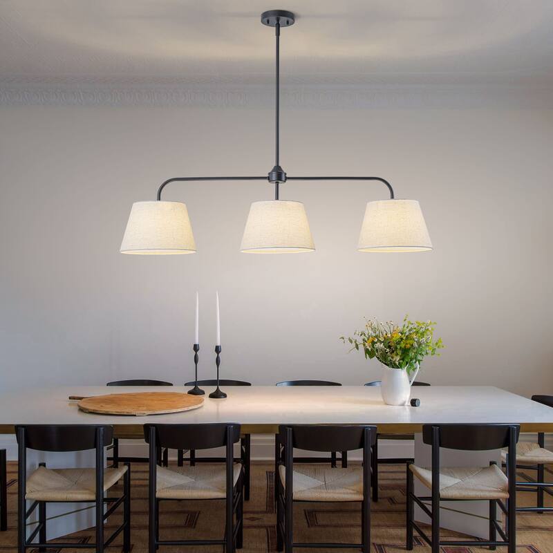 Starsky 3-Light Modern White Linear Drum Fabric Kitchen Island Light