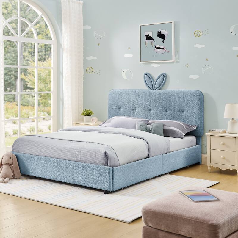 Kids Boucle Upholstered Bed with Rabbit Ear Headboard, LED Music Sync & 4 Drawers