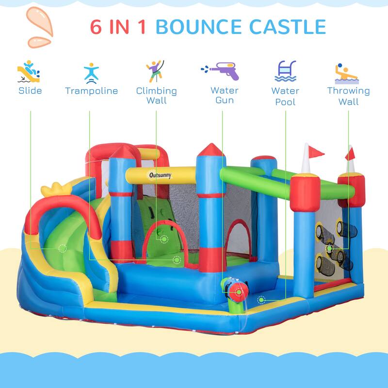 Outsunny 6-in-1 Inflatable Water Slide, Kids Water Park Castle Bounce House with Pool, Slide, Trampoline, Climbing throwing Wall