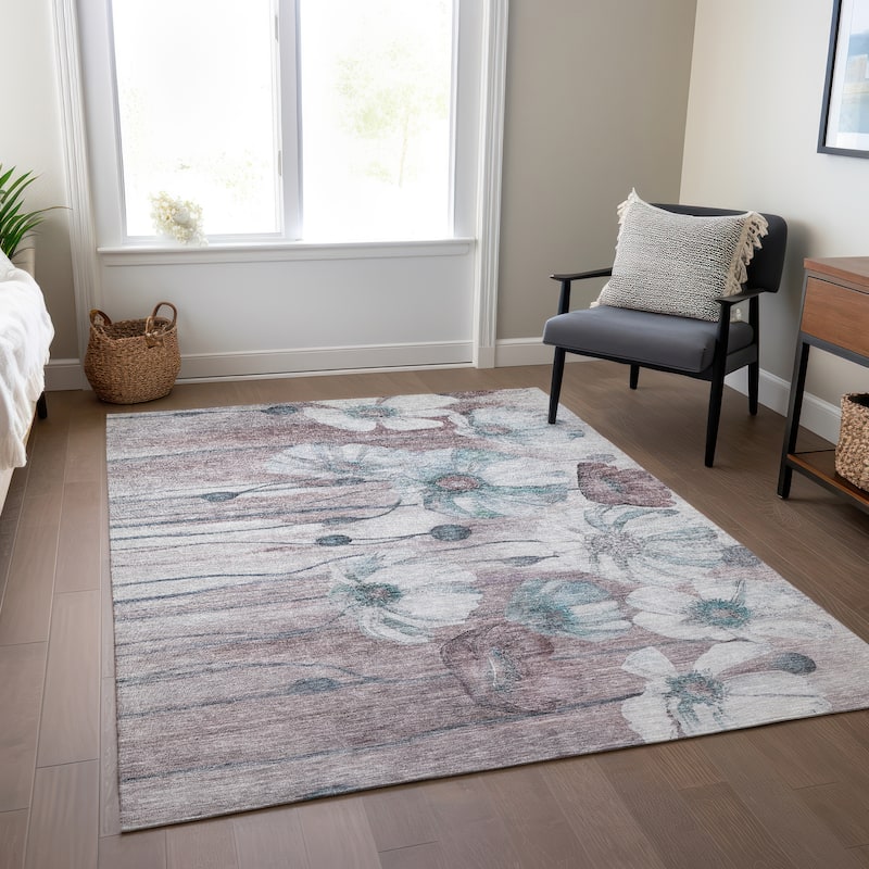 Machine Washable Indoor/ Outdoor Chantille Modern Floral Rug - Teal - 3' x 5'