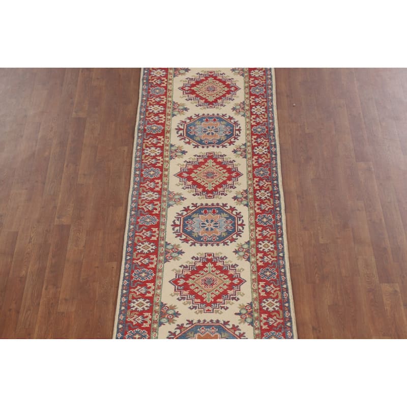 Geometric Beige Kazak Oriental Runner Rug Handmade Wool Carpet - 2'7" x 35'3"