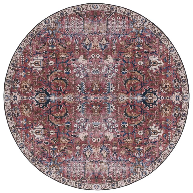 SAFAVIEH Tucson Machine Washable Slip Resistant Loula Oriental Distressed - 6' Round - Red/Beige - Round