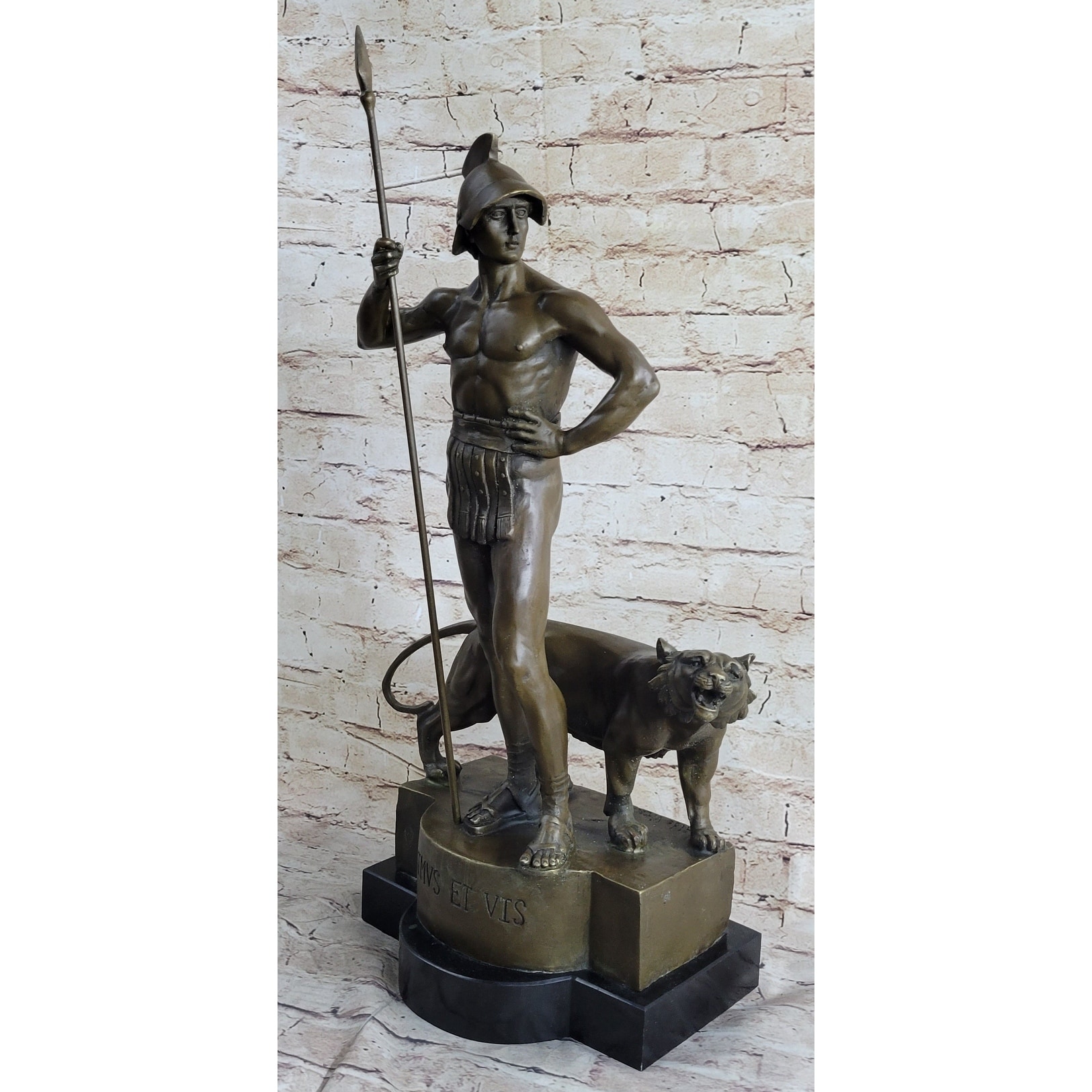 Roman Gladiator Warrior Lion Bronze Statue Sculpture Signed Original 20 Inches X 13 Inches