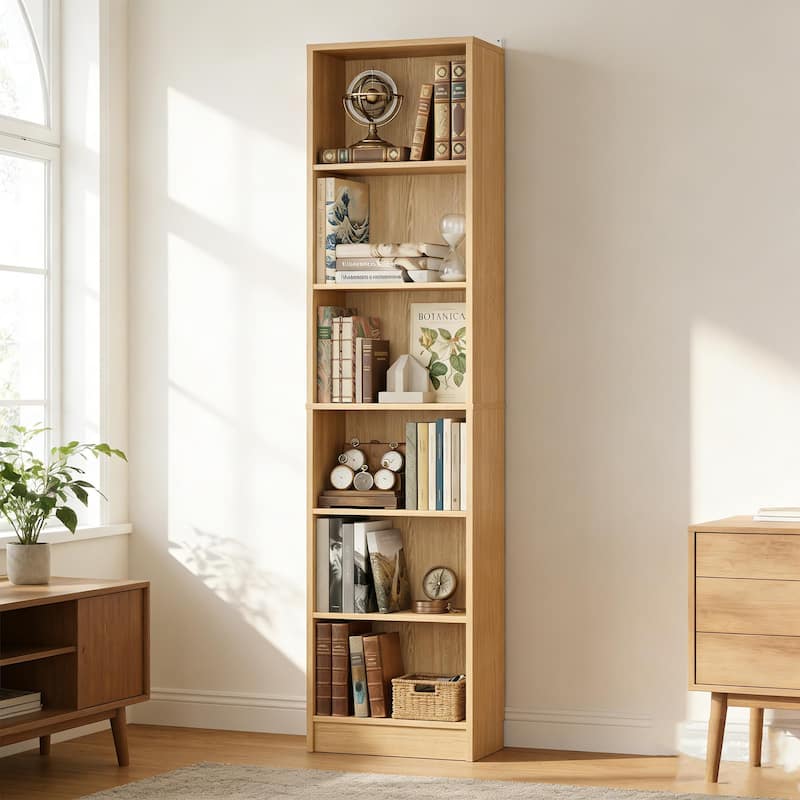 80"H Tall 6-Tier Bookcase With 2 Adjustable Shelves，Modern Open Storage Shelf for Home Office and Bedroom - Brown Oak