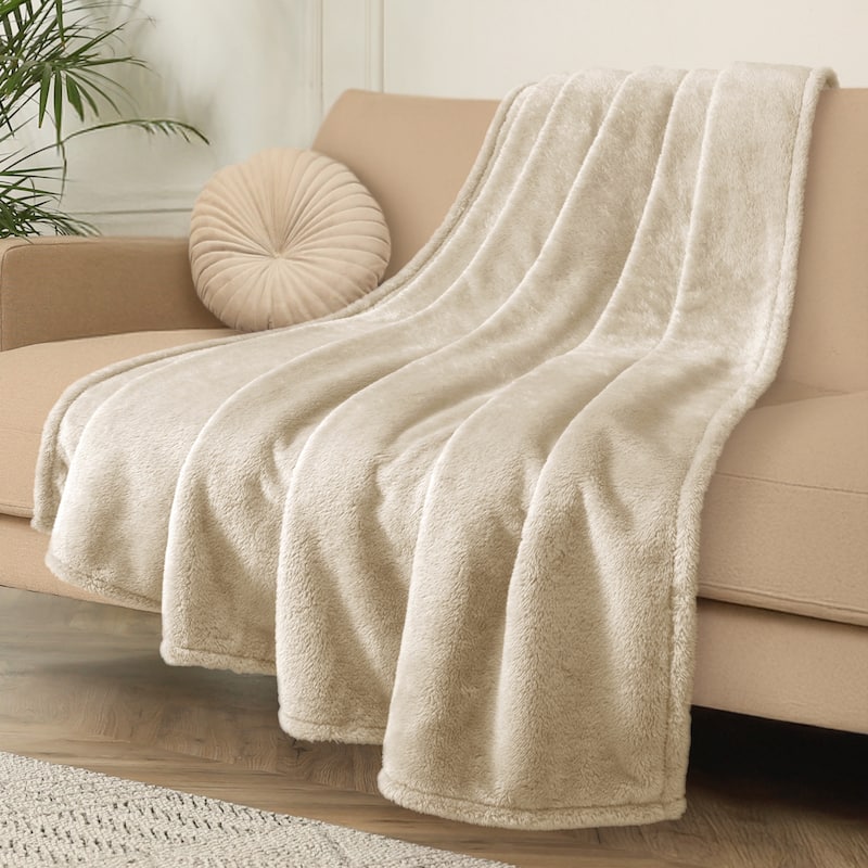Luxury Double-Sided Plush Fleece Blanket - Ultra-Soft, Reversible, All-Season Comfort Throw - Beige - 60 x 70 in