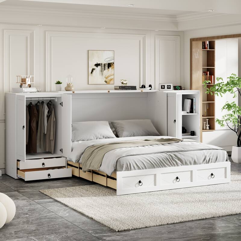 Queen Murphy Bed with Built-in USB, Dual Wardrobes, Storage Drawers & Vintage Handles - Ideal for Small Spaces