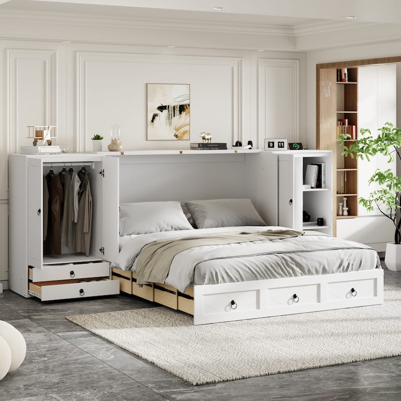 Queen Size Wood Hidden Murphy Bed with Storage Wardrobes and Drawer, Foldable Wall Bed with USB Charging Station & Dual Cabinet聽