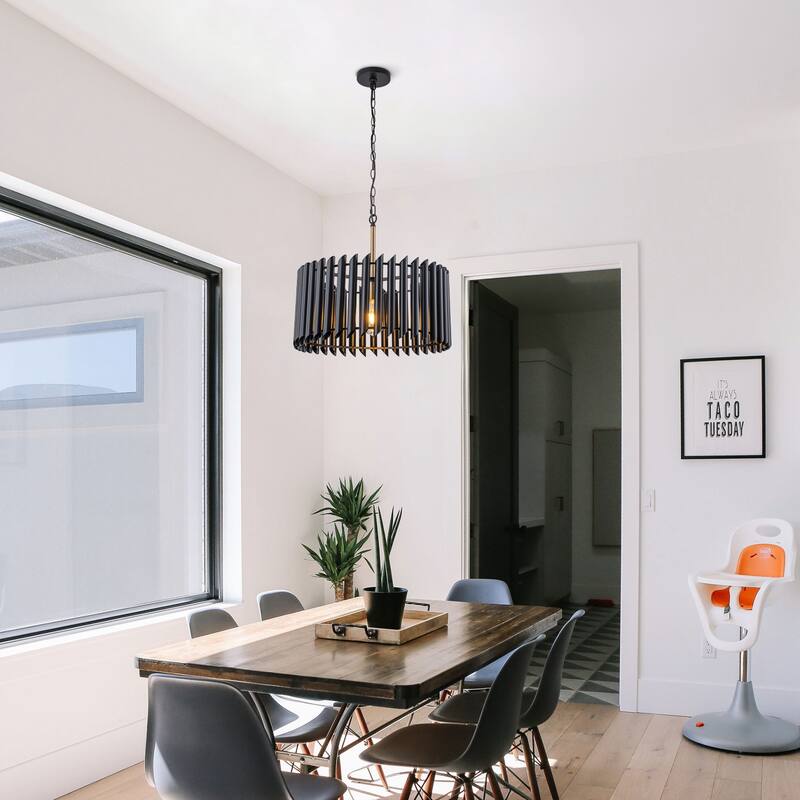 Modern Industrial Black Slatted Drum Pendant Light Fixture - Dia.19.69-in