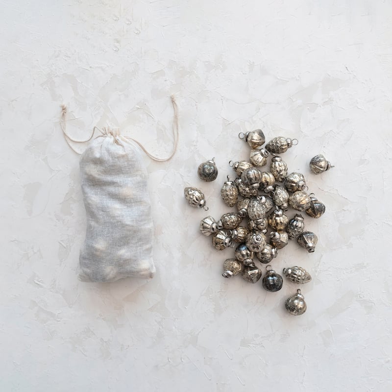 Embossed Mercury Glass Ornaments in Muslin Bag - 1.0"L x 1.0"W x 1.0"H
