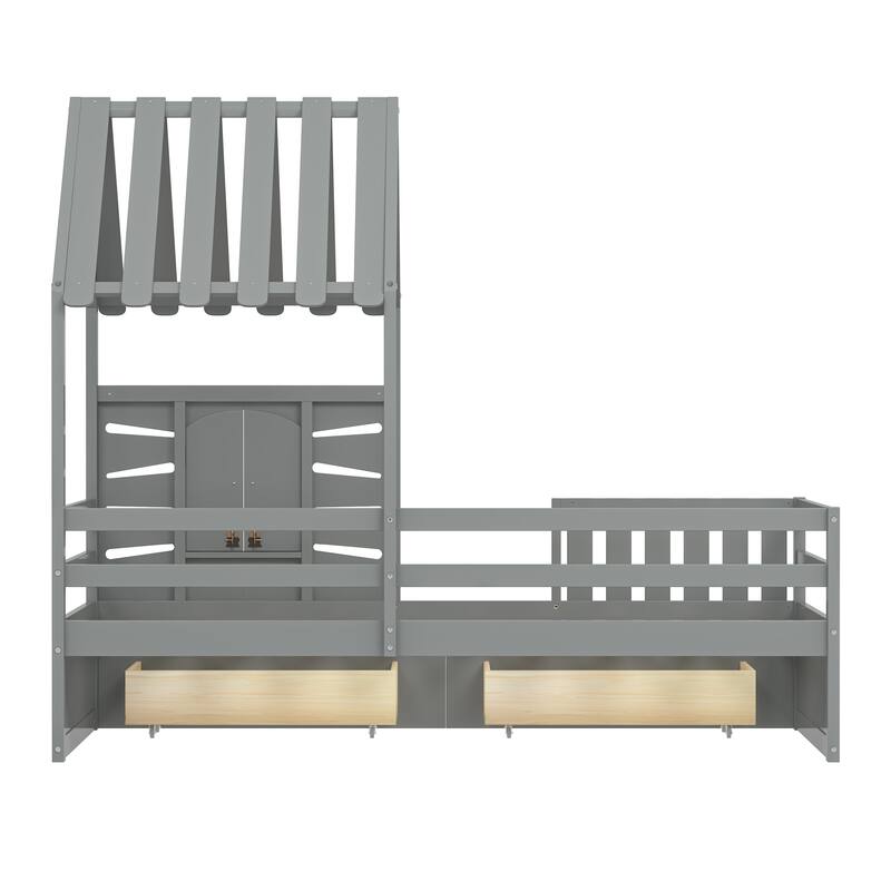 Twin Size House Bed Wood Kids Bed Frame with 2 Storage Drawers, Window and Guardrails for Bedroom, Easy Assembly