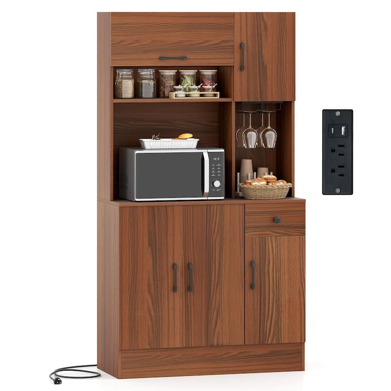 Costway 66" Pantry Cabinet Tall Kitchen Storage Cabinet with Charging - See Details - Brown