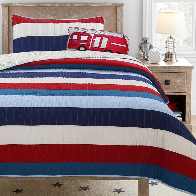 Cozy Line Ressler Stripe Reversible Cotton Quilt Bedding Set - Blue/Ivory/Red