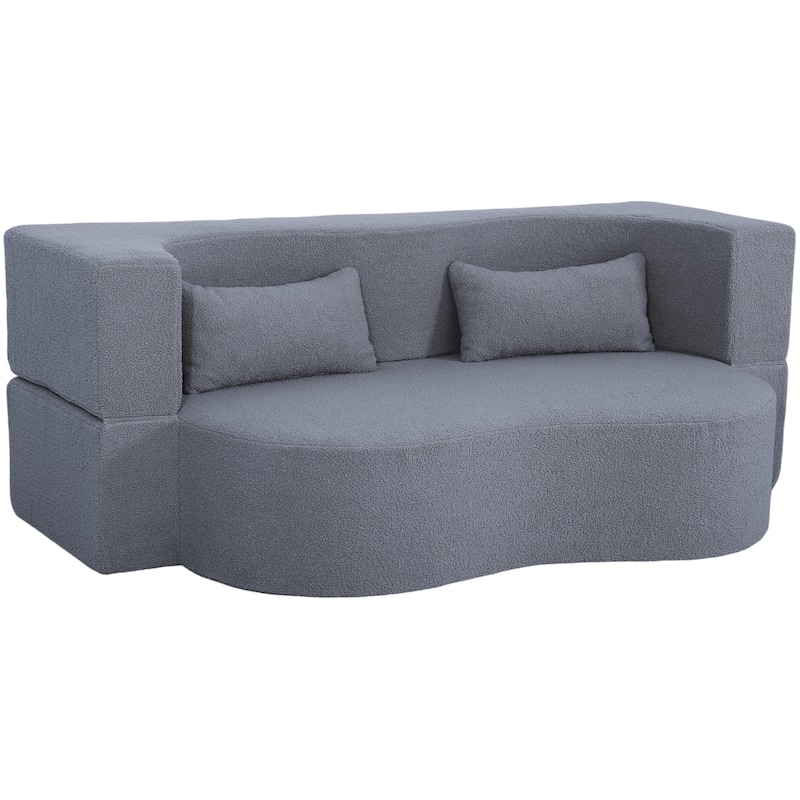 Modern 2-Seater Sofa 2-in-1 Folding Sofa Bed with 2 Pillows, Soft Teddy Fabric and Non-Slip Bottom, for Living Room, Dorm
