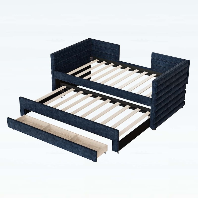 Upholstered Daybed with Trundle and 3 Storage Drawers,for Guest Room,Living Room