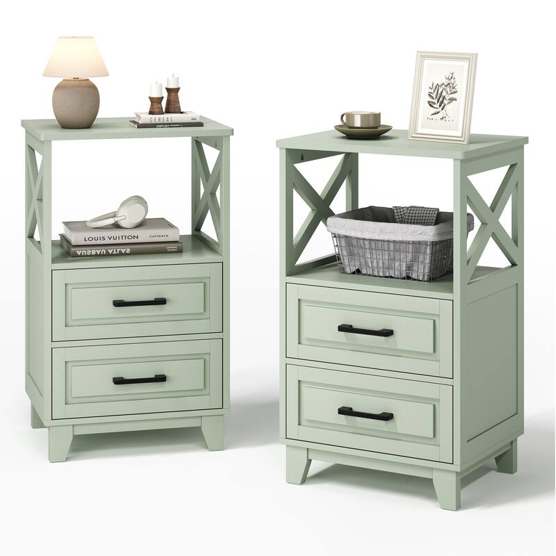 Tall Nightstand with 2 Drawers and Open Shelf Above, Set of 2 - Green
