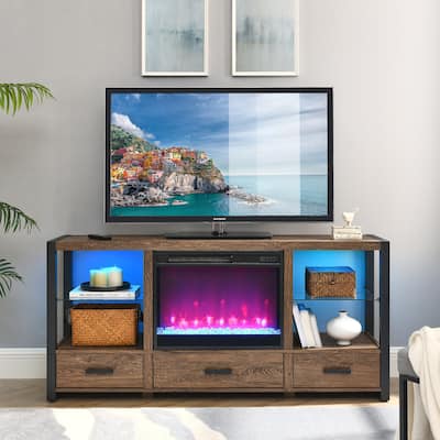 60'' Electric Fireplace TV Stand with Adjustable Flame,LED Side Lights and Storage for TVs up to 70