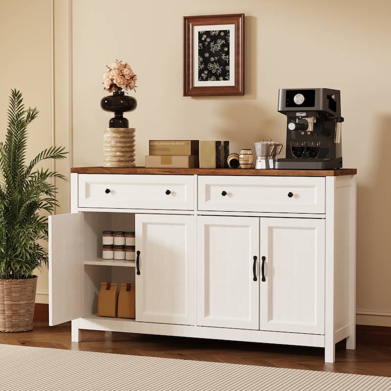 Farmhouse Kitchen Sideboard Buffet Cabinet with Storage, Wood Coffee Bar and Storage Sideboard with 2 Drawers and 4 Doors - Retro
