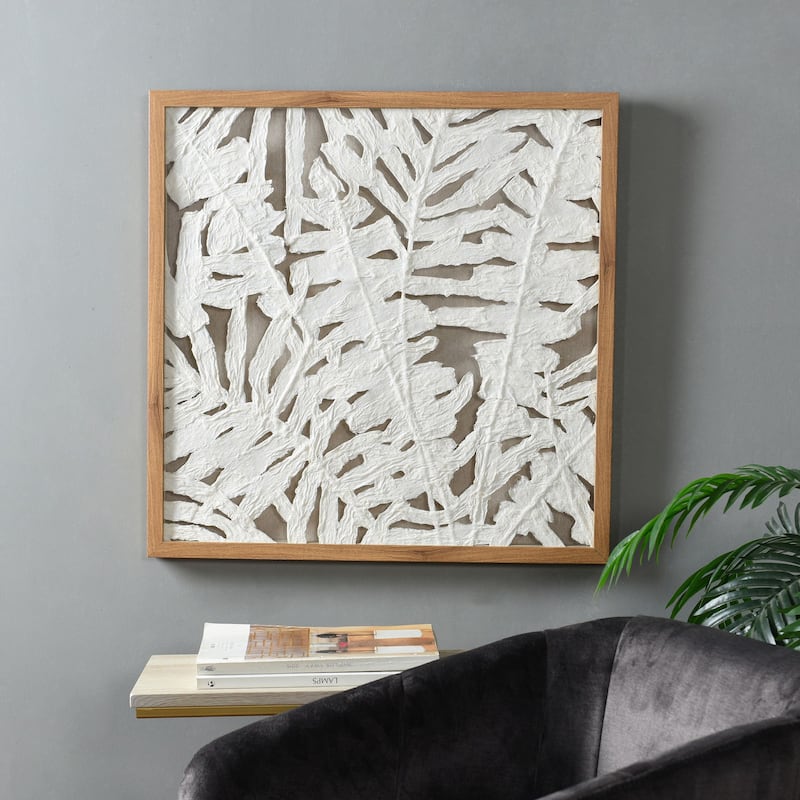 Palm Leaf Shadow Box II - Textured Rice Paper Wall Art - Natural Wood Frame