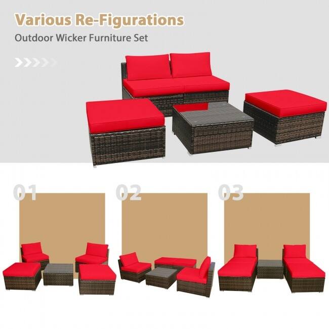 5 Pieces Wicker Lounge Chair Set with Washable Zippered Cushions - 26" x 26" x 13.5" (L x W x H)