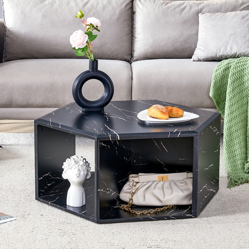 Hexagonal Coffee Table with Open Storage Space Multifunctional Wooden Side Table Small Apartment Center Table
