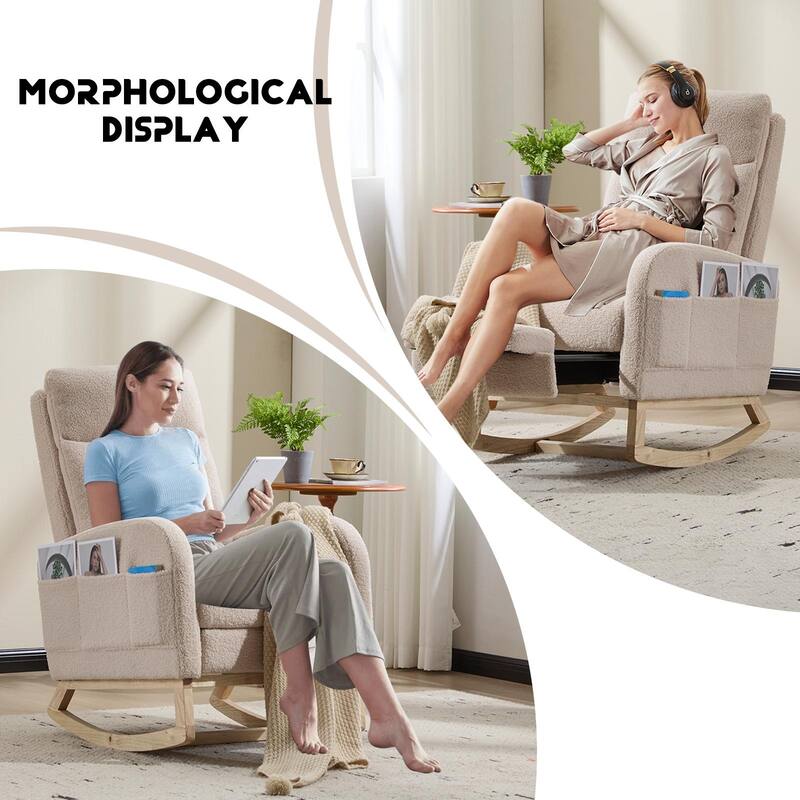 Polyester Fabric Rubber Wood Accent Rocking Chair with Side Pocket - 29.5"D x 24.8"W x 40.9"H