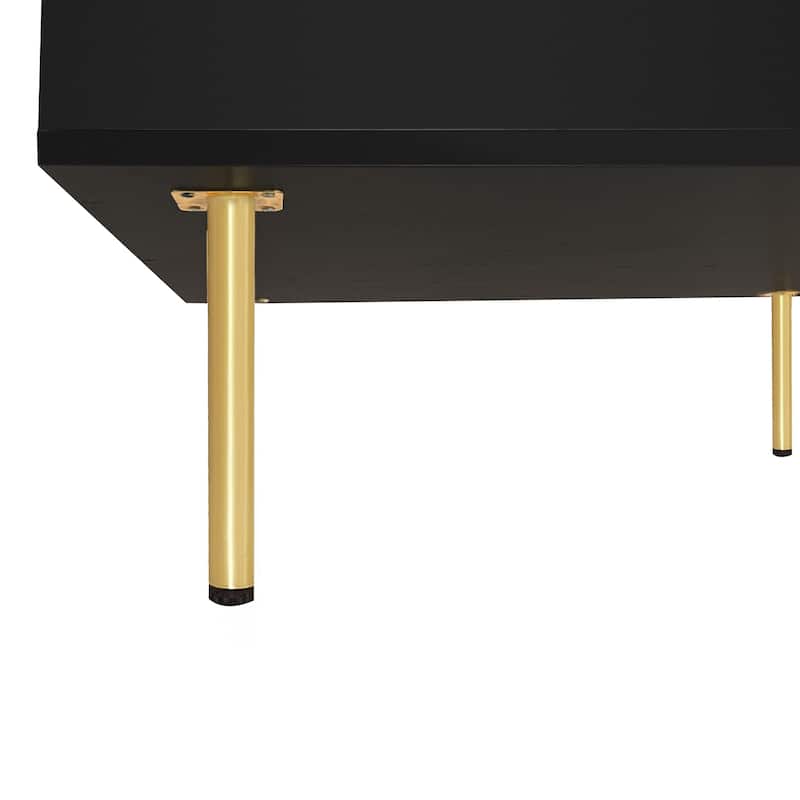 2-Tier Square Coffee Table with 2 Drawers, 4 Golden Legs, High Gloss Coffee Table Center Table w/ Storage for Living Room