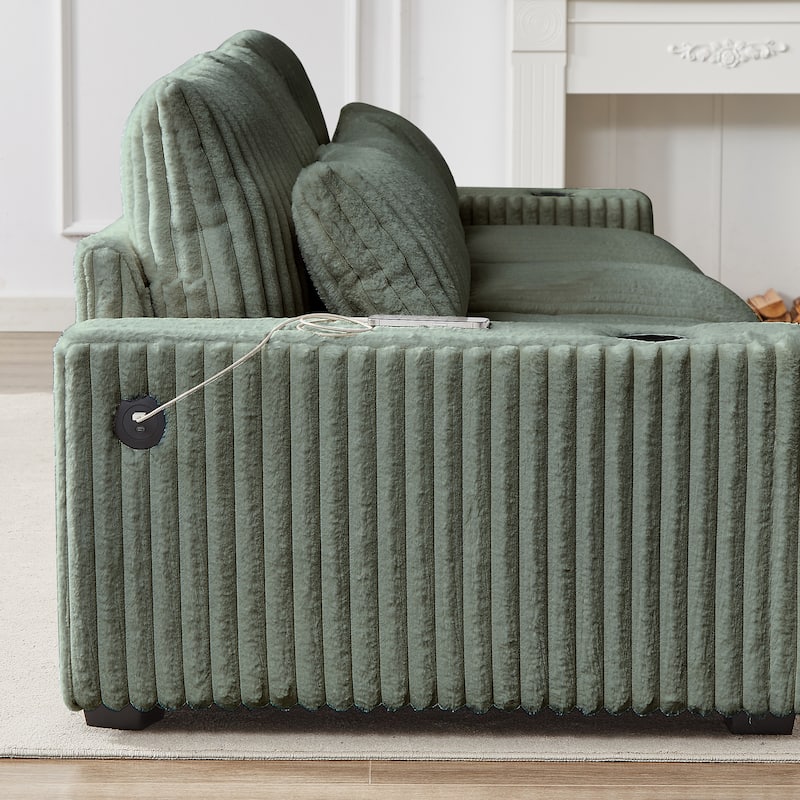 Super Large 126-Inch Corduroy L-Shaped Sofa with Cup Holders, USB Port, Movable Footrest, and 8 Cushions.