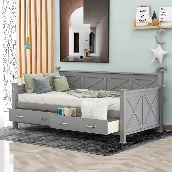 slide 2 of 16, Merax X-shaped Decoration Twin Daybed with 2 Large Drawers Grey