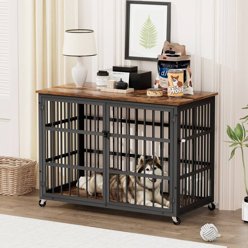 Decorative Pet House, Dog Crate Furniture with Iron Frame Door and wheels
