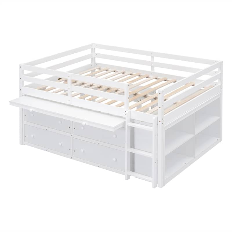 Full Size Loft Bed with Retractable Writing Desk and 4 Drawers