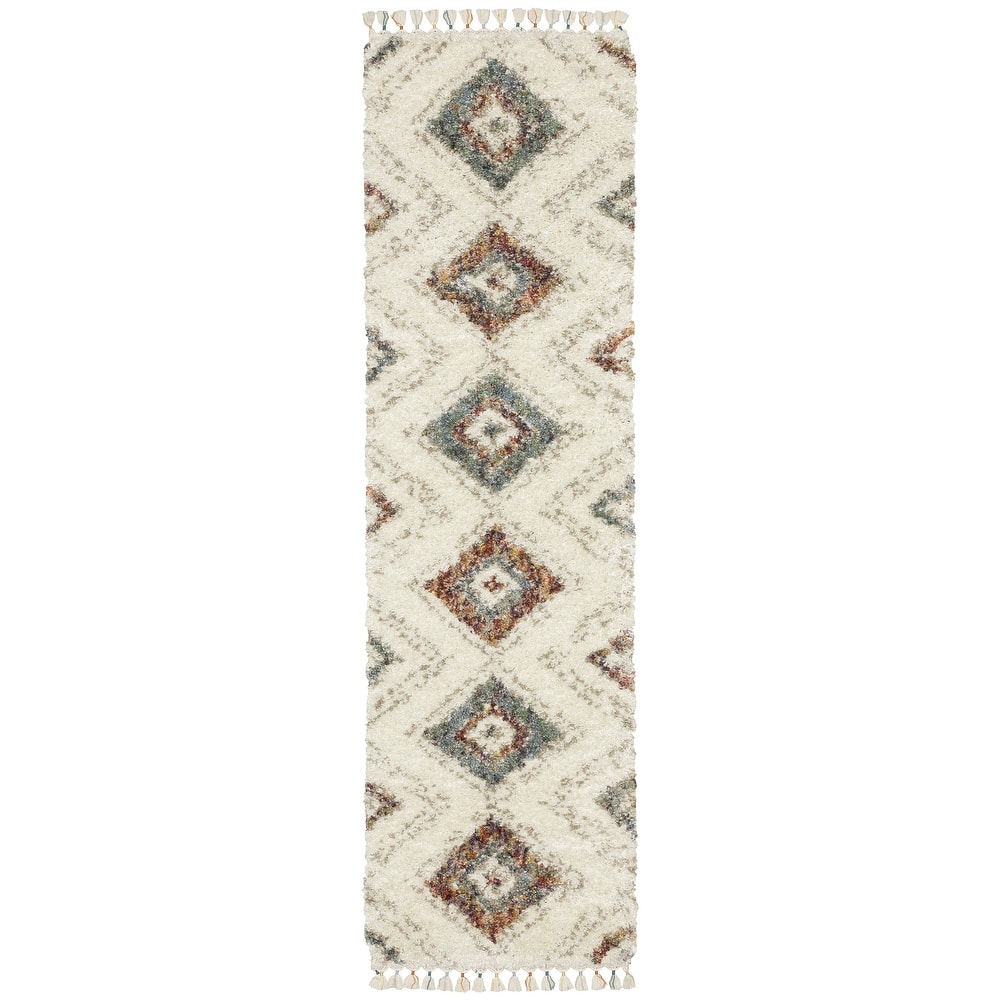 Style Haven Aire Southwest Diamond Ivory/ Multi Shag Tassel Fringe Area Rug.