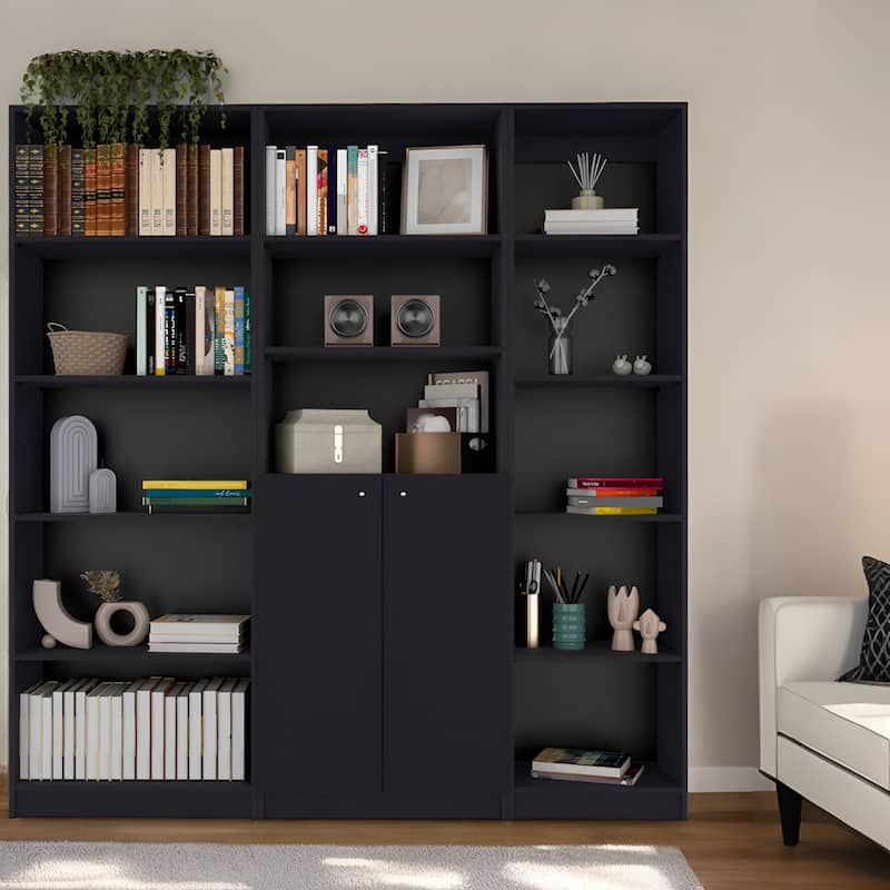 71" Black Five Tier Bookcase with Two Doors - Black