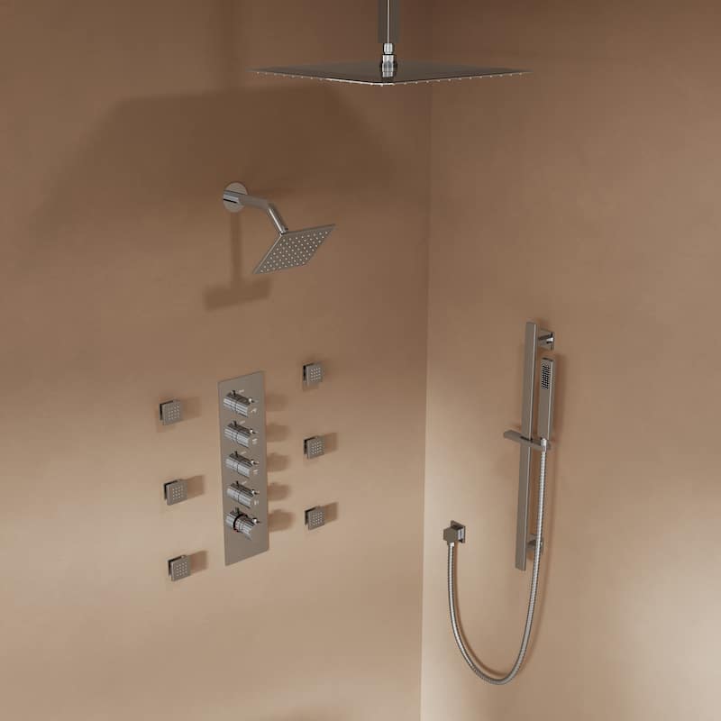 GRANDJOY Shower System 16 inch Rainfall Ceiling and 6 inch Wall Mount Dual Shower Head Handheld Spray Slide Bar Thermostatic