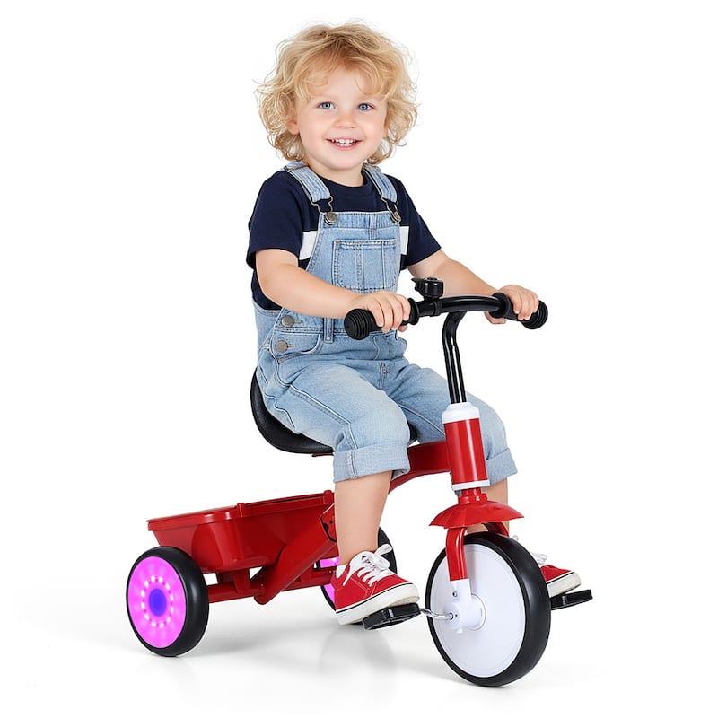 Gymax Toddler Tricycle w/Glowing Wheels 4-Level Adjustable Seat - Red