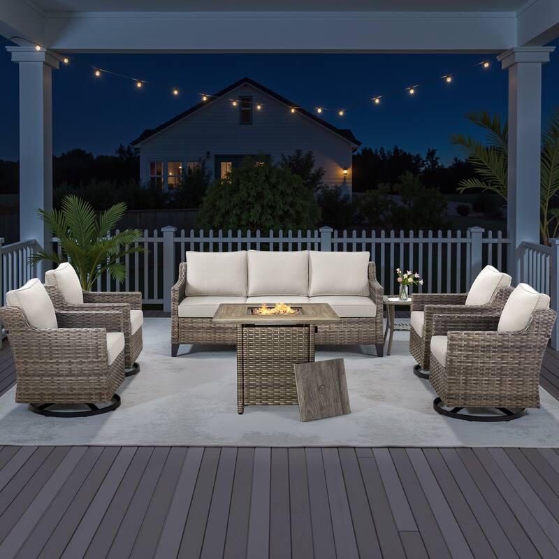 Pocassy Outdoor Swivel Chair with Sofa with Fire Pit Table - Beige Cushion Gray Wicker. - 7-Piece Fire Pit Table w/ Sofa Swivel Chair